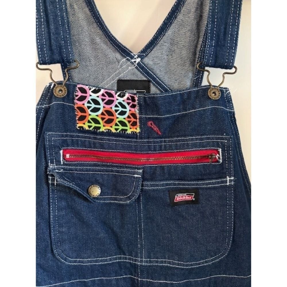Dickies Womens Custom Peace Patch Denim Overalls Dark Wash Raw Hem Medium - Picture 4 of 5